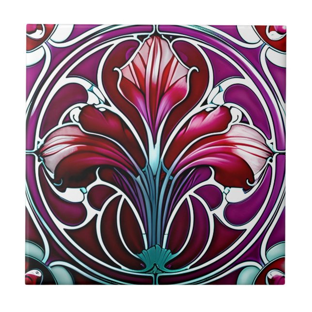 Art Nouveau Red Lila Stylish Lily 2 Fliese (Vorderseite)