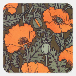 Art Nouveau Red Poppies Quadratischer Aufkleber