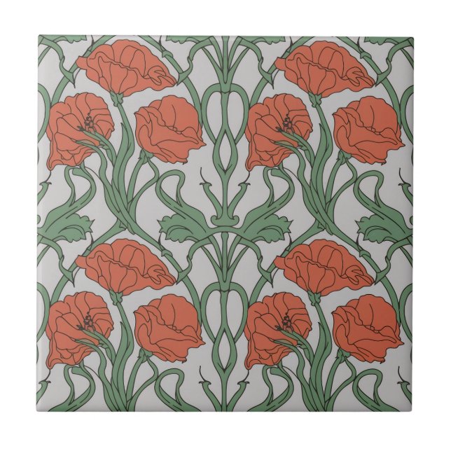 Art Nouveau Red Poppy Floral Print Fliese (Vorderseite)