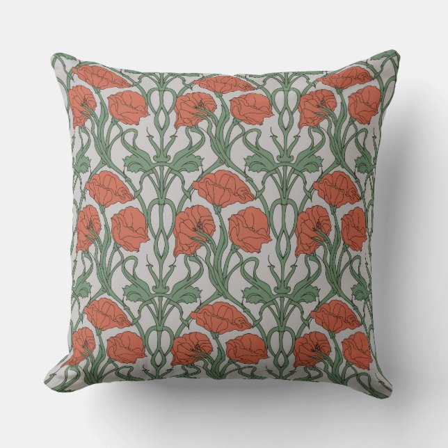Art Nouveau Red Poppy Floral Print Kissen (Vorderseite)