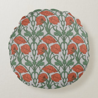 Art Nouveau Red Poppy Floral Print Rundes Kissen