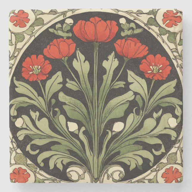 Art Nouveau Red Tulip Steinuntersetzer (Vorderseite)