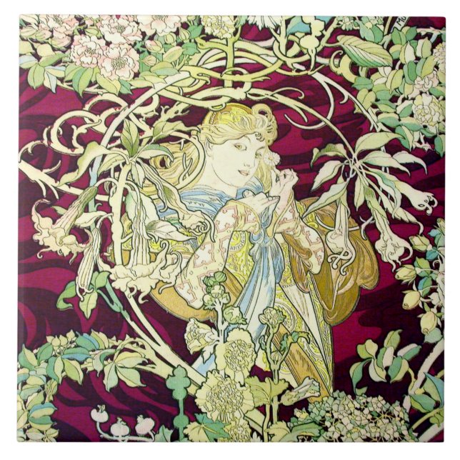 Art Nouveau Repro Schöne Frau mit Daisy Fliese (Vorderseite)