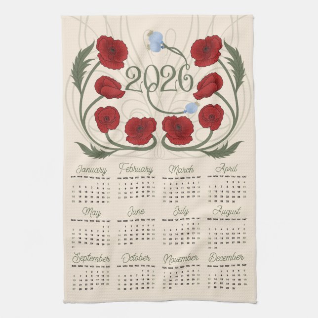 Art Nouveau Retro Floral Red Poppy 2026 Kalender Geschirrtuch (Vertikal)