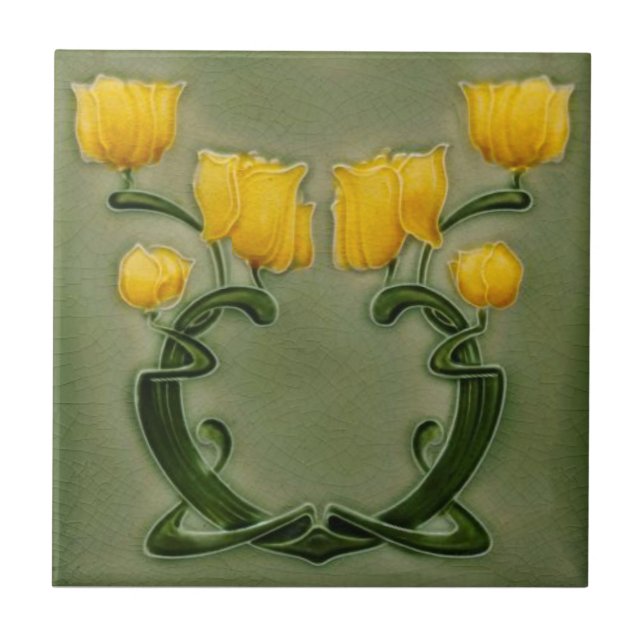 Art Nouveau Richards Yellow Tulip on Green Repro Fliese (Vorderseite)