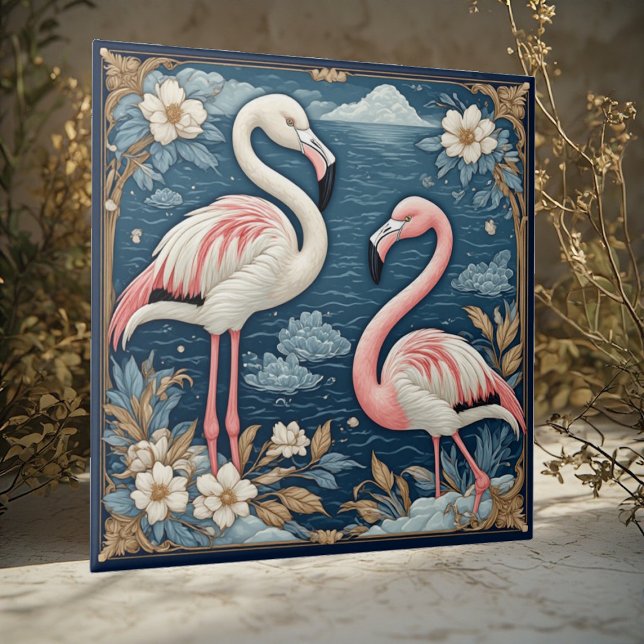 Art Nouveau Romantic Flamingo Couple Floral Motifs Fliese (Art Nouveau Romantic Flamingo Couple Floral Motifs Ceramic Tile)