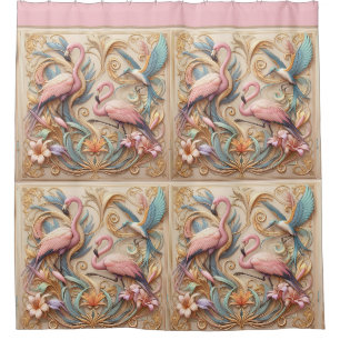 Art Nouveau Rosa Flamingos gegen florales Muster Duschvorhang