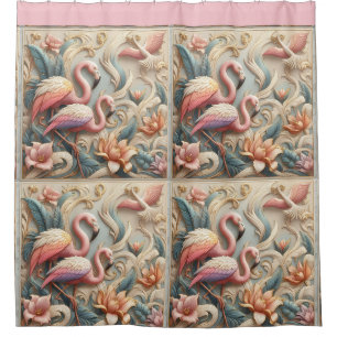 Art Nouveau Rosa Flamingos gegen florales Muster Duschvorhang
