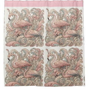 Art Nouveau rosa Flamingos gegen florales Muster Duschvorhang