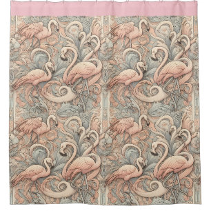 Art Nouveau rosa Flamingos gegen florales Muster Duschvorhang