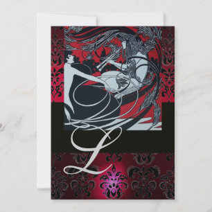 ART NOUVEAU ROT SCHWARZ CHAMPAGNER DAMAST MONOGRAM EINLADUNG
