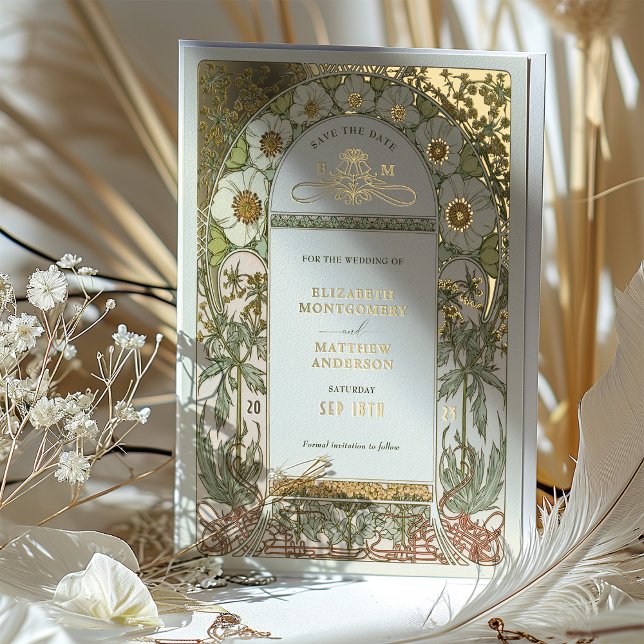 Art Nouveau Save the Date Wedding Gold Foil Folieneinladung (Von Creator hochgeladen)