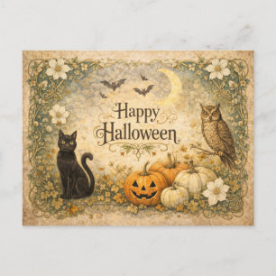 Art Nouveau Schwarze Katze Eule Halloween Feiertagspostkarte
