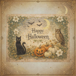 Art Nouveau Schwarze Katze Eule Halloween Feiertagspostkarte