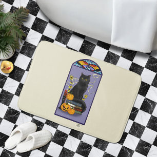 Art Nouveau Schwarze Katze Kürbis Lila Herbst Gelb Badematte