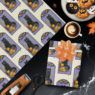 Art Nouveau Schwarze Katze Kürbis Lila Herbst Gelb Geschenkpapier