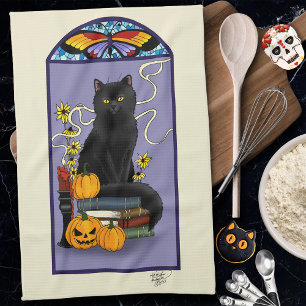 Art Nouveau Schwarze Katze Kürbis Lila Herbst Gelb Geschirrtuch