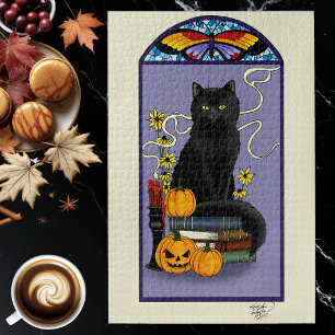 Art Nouveau Schwarze Katze Kürbis Lila Herbst Gelb Puzzle