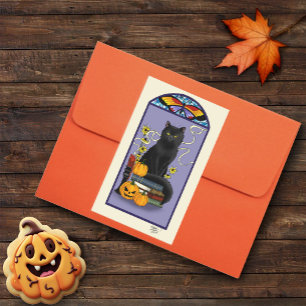 Art Nouveau Schwarze Katze Kürbis Lila Herbst Gelb Rechteckiger Aufkleber