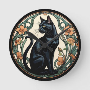 Art Nouveau Schwarze Katze Runde Wanduhr