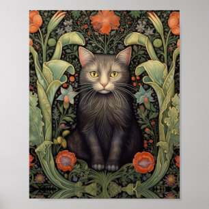 Art nouveau schwarze Katze und rote Blumen Poster