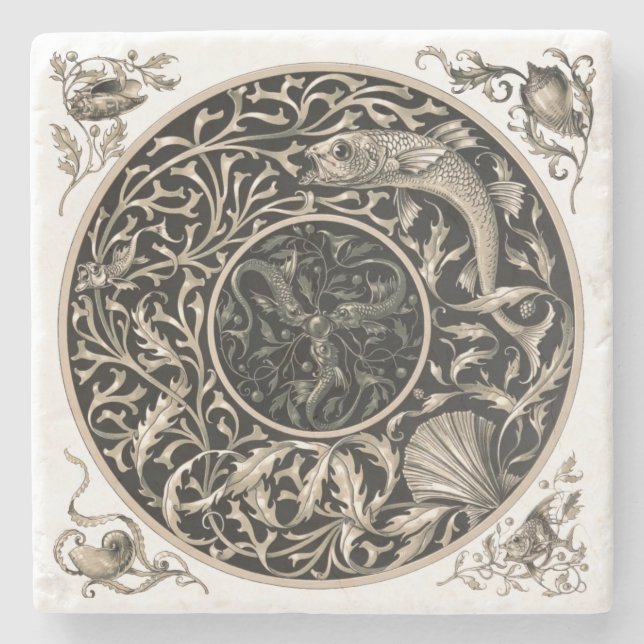 Art Nouveau Seashells & Fish by Anton Seder Steinuntersetzer (Vorderseite)