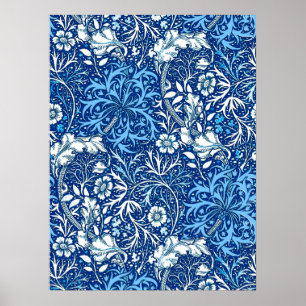 Art Nouveau Seaweed Floral, Cobalt Blau und Weiß Poster