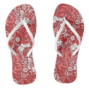 Art Nouveau Seaweed Floral, Deep Red and White Flip Flops