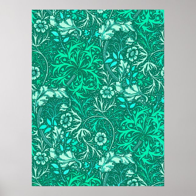 Art Nouveau Seaweed Floral, Türkis und Aqua Poster (Vorne)