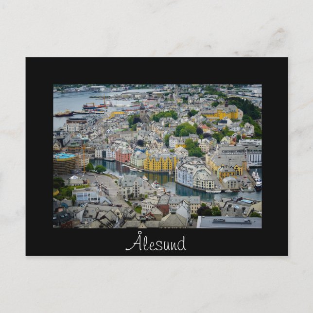 Art Nouveau Stadt Alesund schwarzer Text Postkarte (Vorderseite)