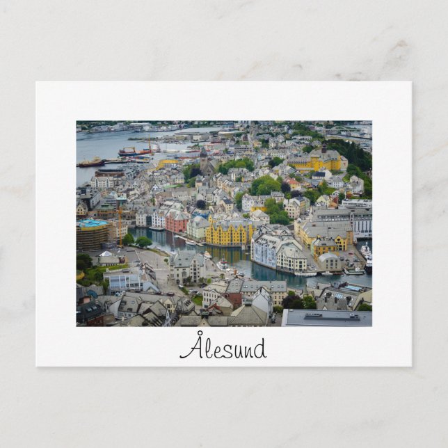 Art Nouveau Stadt Alesund weiße Text Postkarte (Vorderseite)