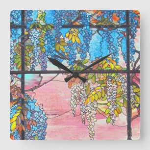 Art Nouveau Stained Glass Wisteria Flowers Clock Quadratische Wanduhr