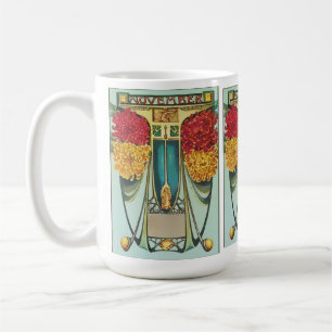 Art Nouveau-Stil im November mit Chrysanthemen und Tasse