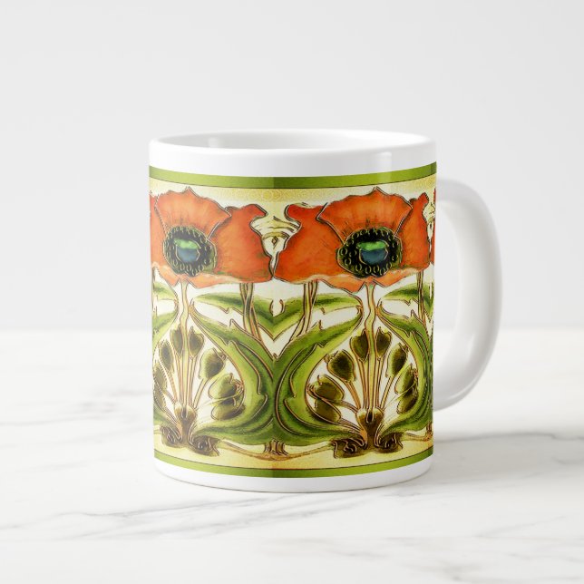 ART NOUVEAU STYLIZED GREEN RED POPPY Jumbo-Tasse (Vorderseite Rechts)
