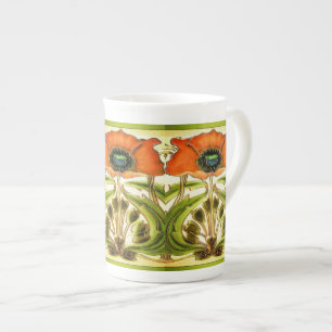 ART NOUVEAU STYLIZED GREEN RED POPPY PROZELLANTASSE