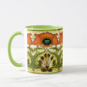 ART NOUVEAU STYLIZED GREEN RED POPPY TASSE