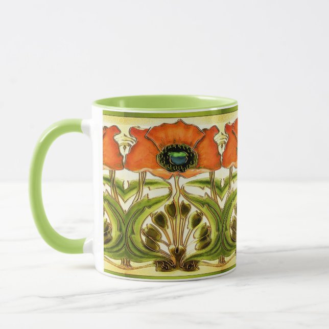 ART NOUVEAU STYLIZED GREEN RED POPPY TASSE (Links)