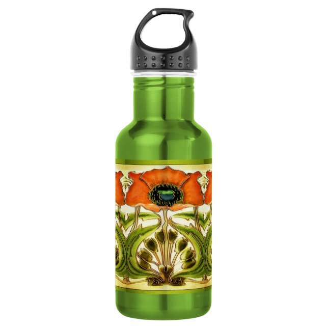 ART NOUVEAU STYLIZED GREEN RED POPPY TRINKFLASCHE (Vorderseite)