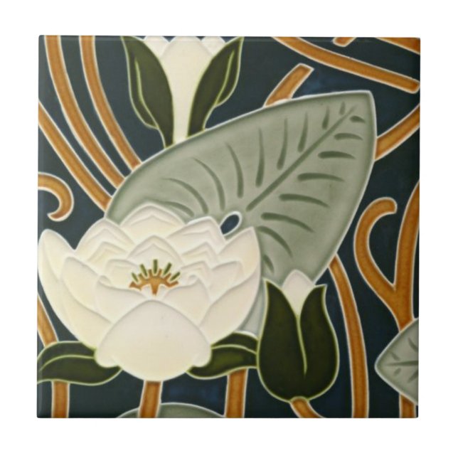 Art Nouveau Tiles - White Water Lily Blossom Fliese (Vorderseite)