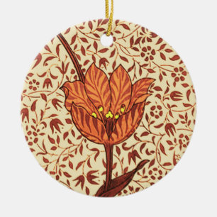 Art Nouveau Tulip Damask, Coral and Beige Keramik Ornament