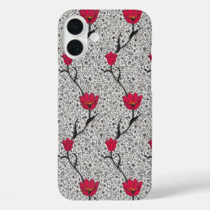 Art Nouveau Tulip Damask, Grau und Rot iPhone 16 Plus Hülle