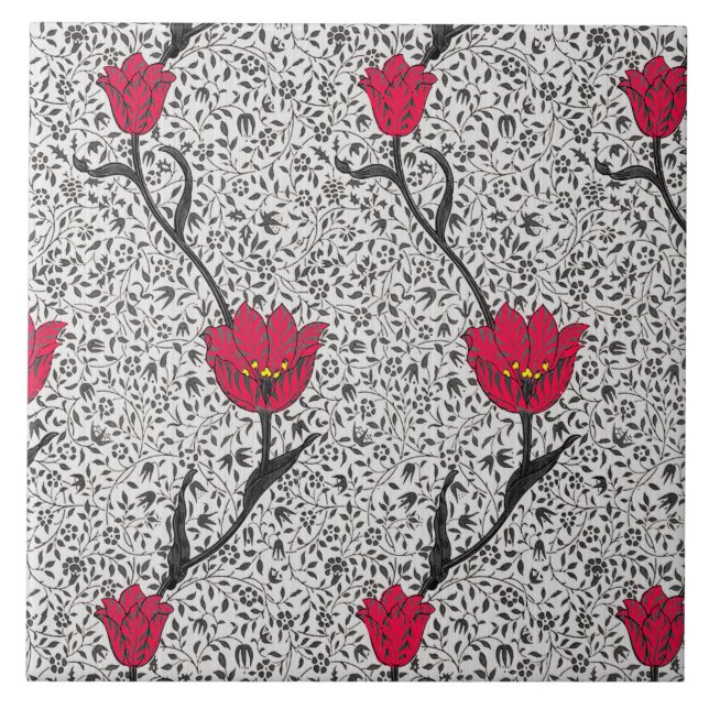Art Nouveau Tulip Damask, Grau und Rot Fliese (Vorderseite)