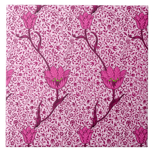 Art Nouveau Tulip Damask, Wine & Fuchsia Pink Fliese (Vorderseite)