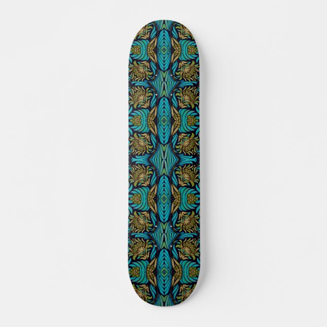 Art Nouveau Turquoise Blue Floral Muster Skateboard (Vorne)