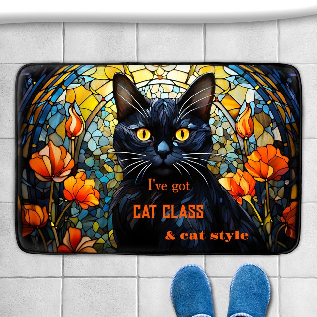 Art Nouveau verkettete Glaskatze Badematte (Bath mat featuring an illustration of a black cat in art nouveau style stained glass / leaded glass)