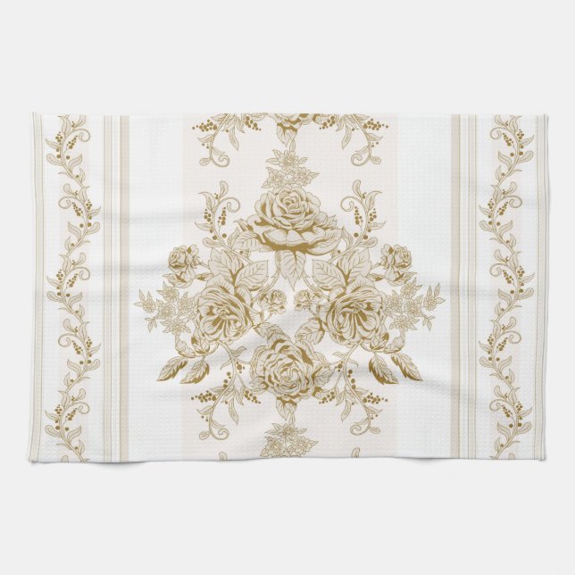 Art Nouveau,VIctorian,Kaki,white,toile,floral,chic Geschirrtuch (Horizontal)