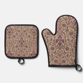 Art Nouveau vintage Iris & Passionflower Damask Ofenhandschuh & Topflappen-Set