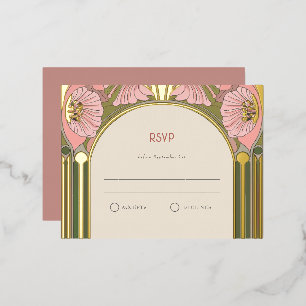 Art Nouveau Vintage Rosa Grün Gold Hochzeit RSVP Folien Feiertagspostkarte
