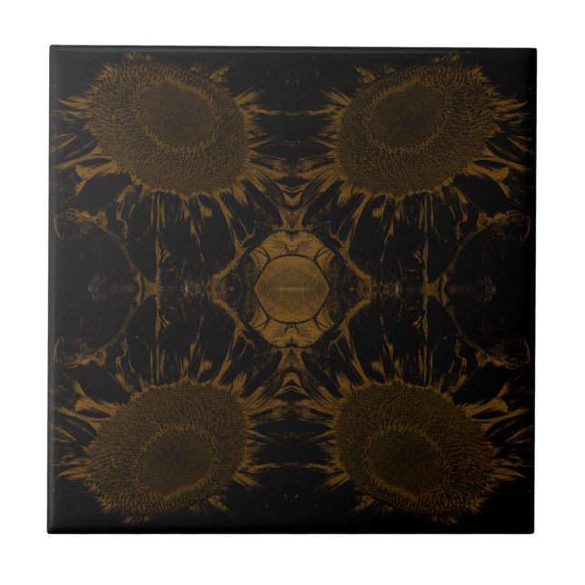 Art Nouveau Vintage Sonnenblume Schwarze Golflora Fliese (Vorderseite)