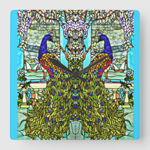 Art Nouveau Vintage Tiffany Stained Glass Peacock Quadratische Wanduhr